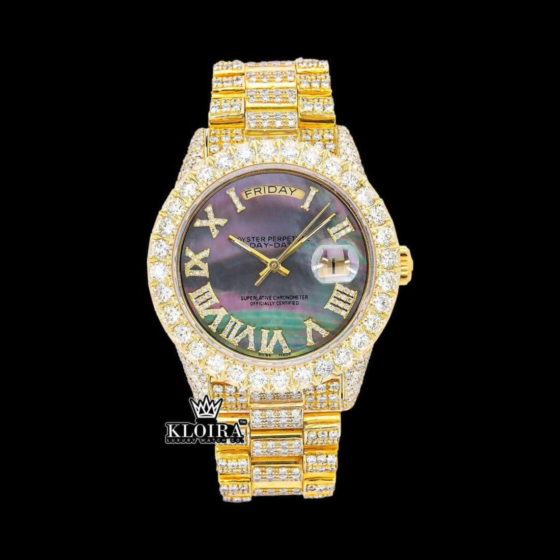 Black Dial Roman Numerals Yellow Gold Moissanite Diamond Watch Front View