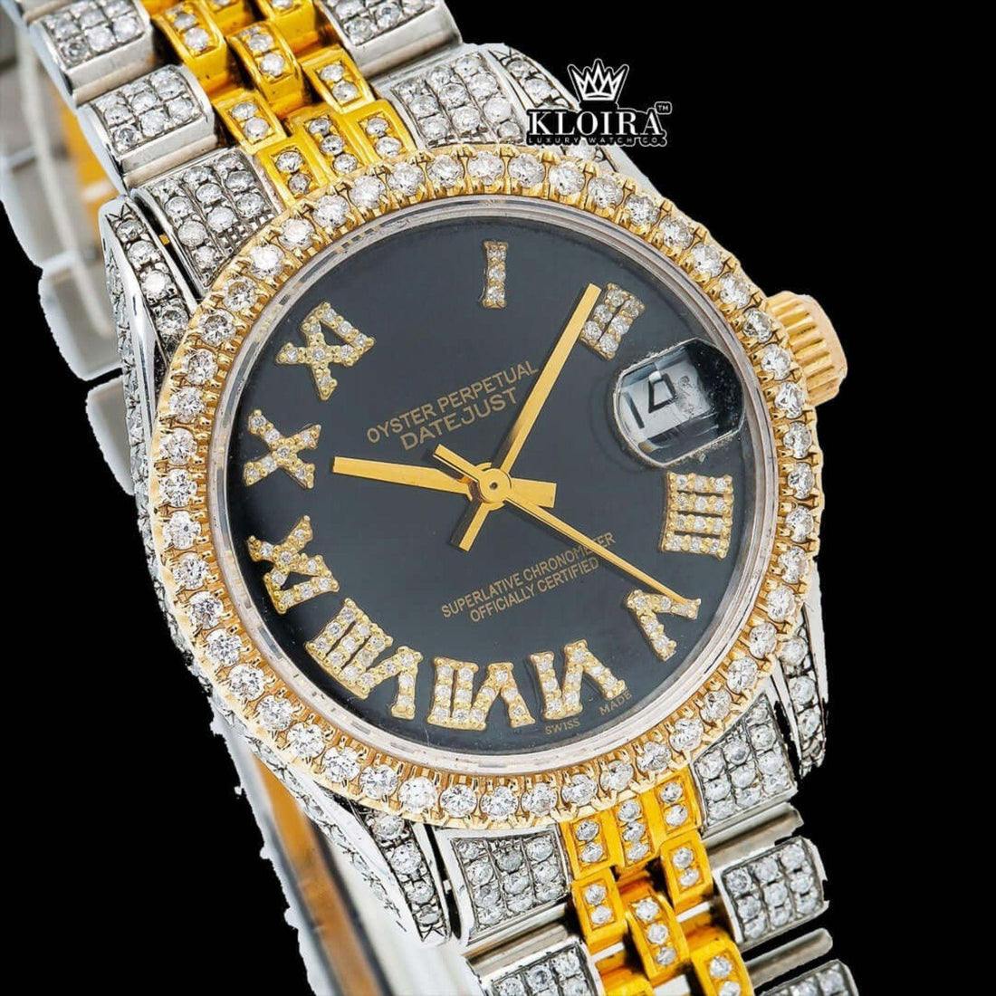 Black Dial Yellow Roman Numerals Iced Out Moissanite Diamond Watch Front View
