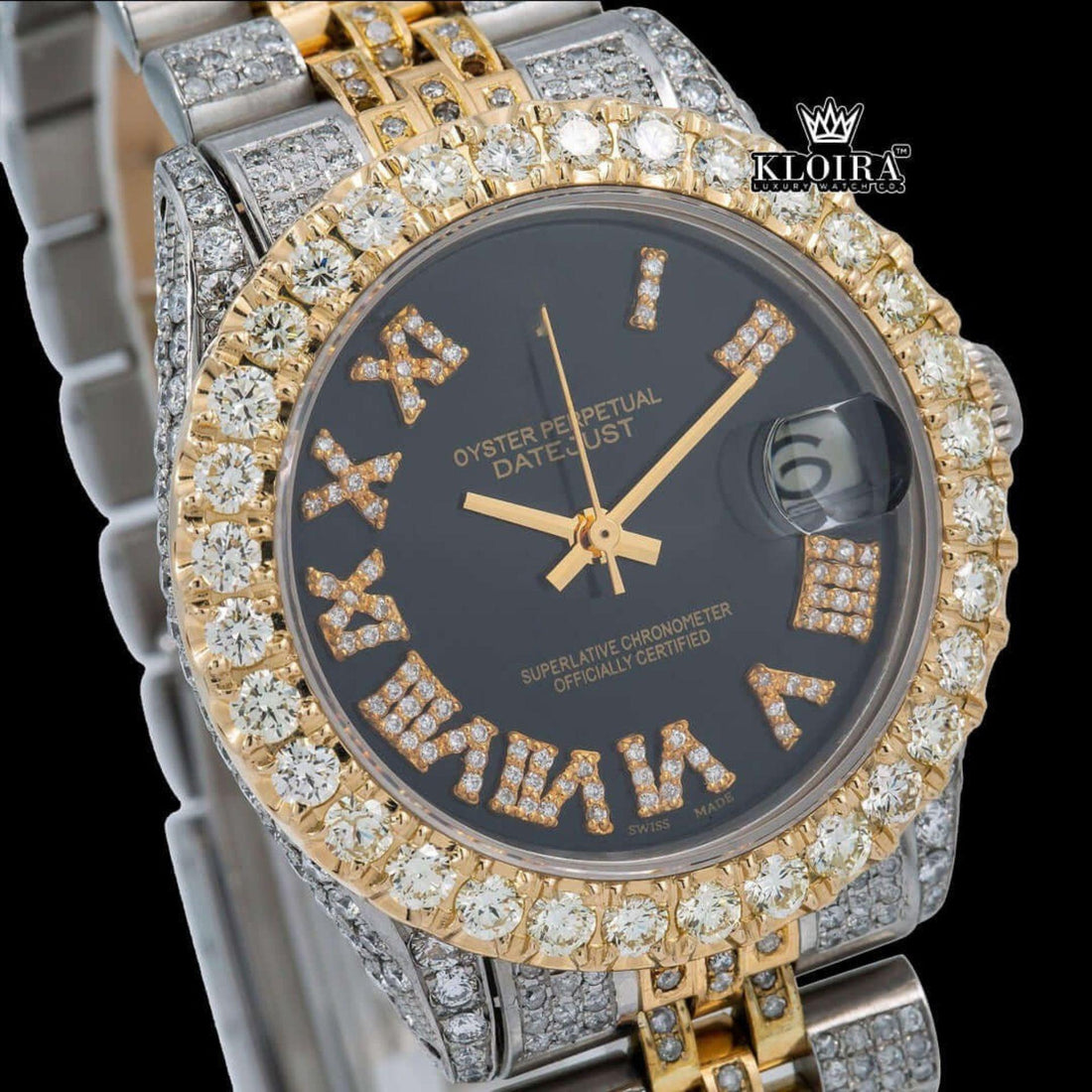 Black Dial Yellow Roman Numerals Two Tone Iced Out Moissanite Diamond Watch Front View