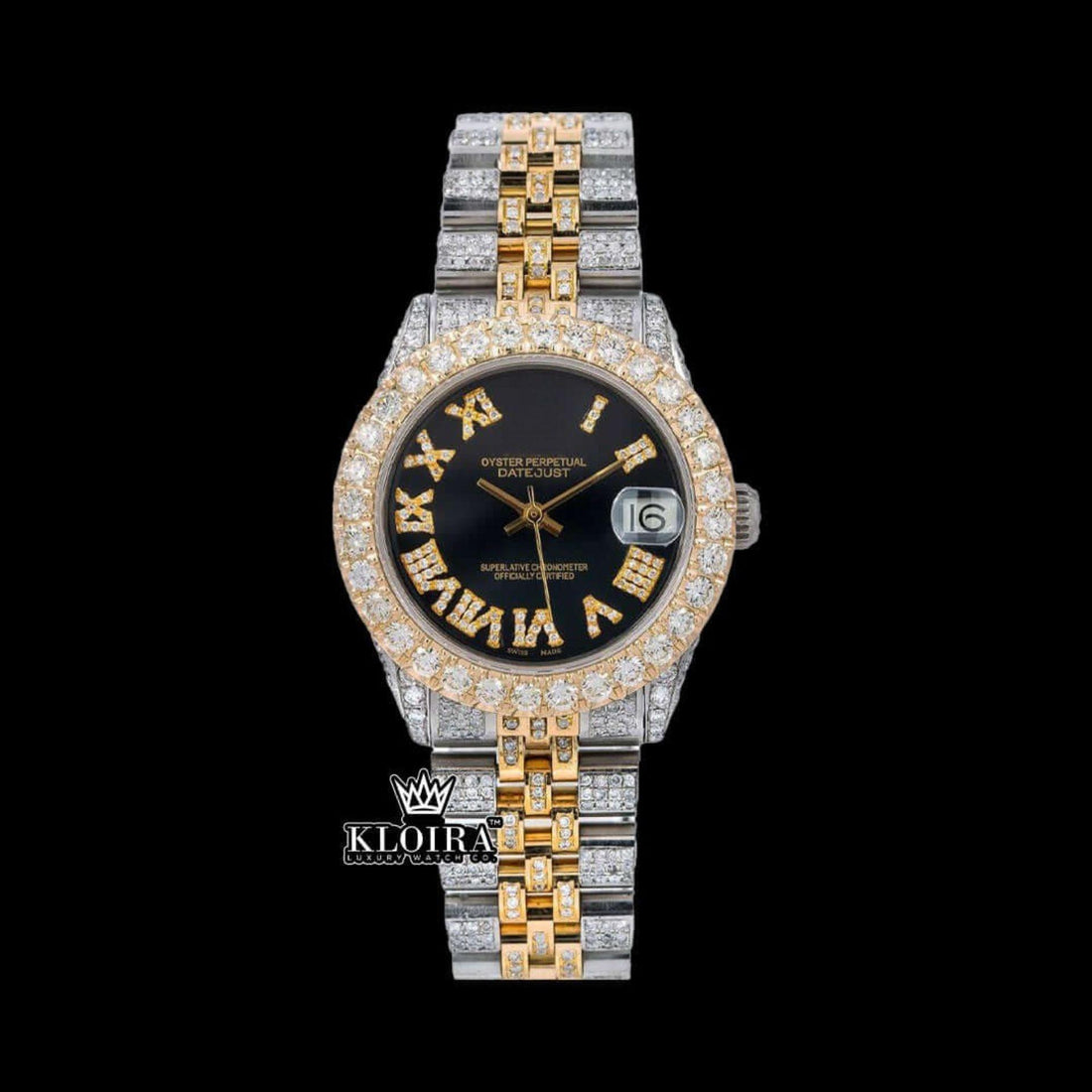 Black Dial Yellow Roman Numerals Two Tone Iced Out Moissanite Diamond Watch Front View