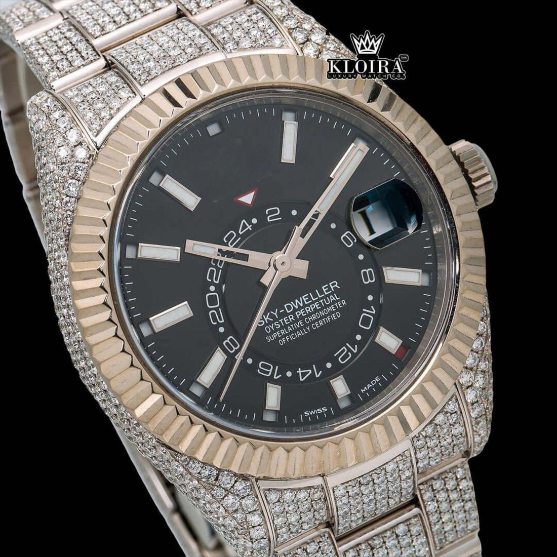 Black Dual Time Dial Stick Markers Two Tone Moissanite Watch Front View