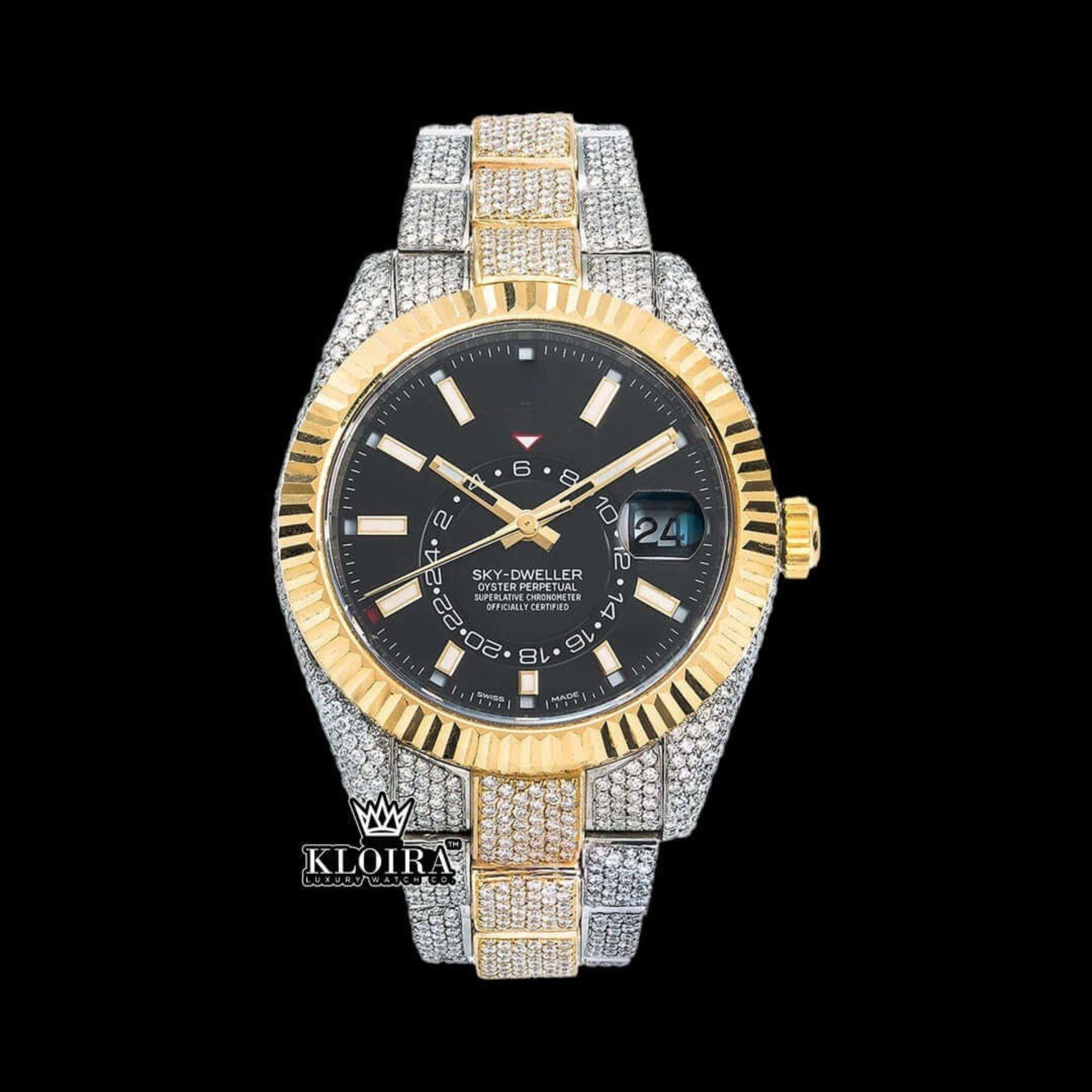 Black Dual Time Dial Stick Markers Two Tone Yellow Gold Moissanite Watch Front View