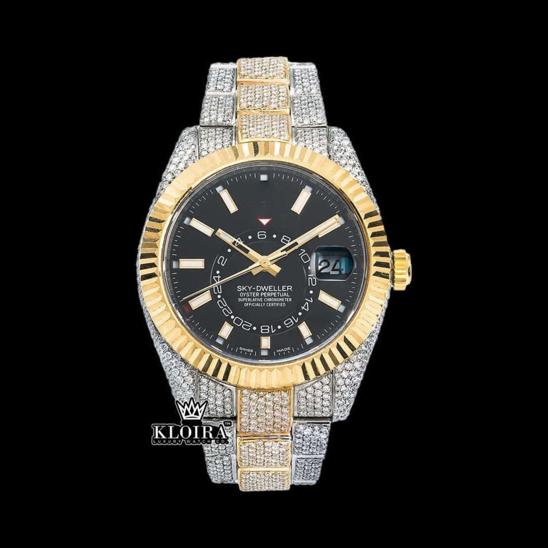 Black Dual Time Dial Stick Markers Two Tone Yellow Gold Moissanite Watch Front View