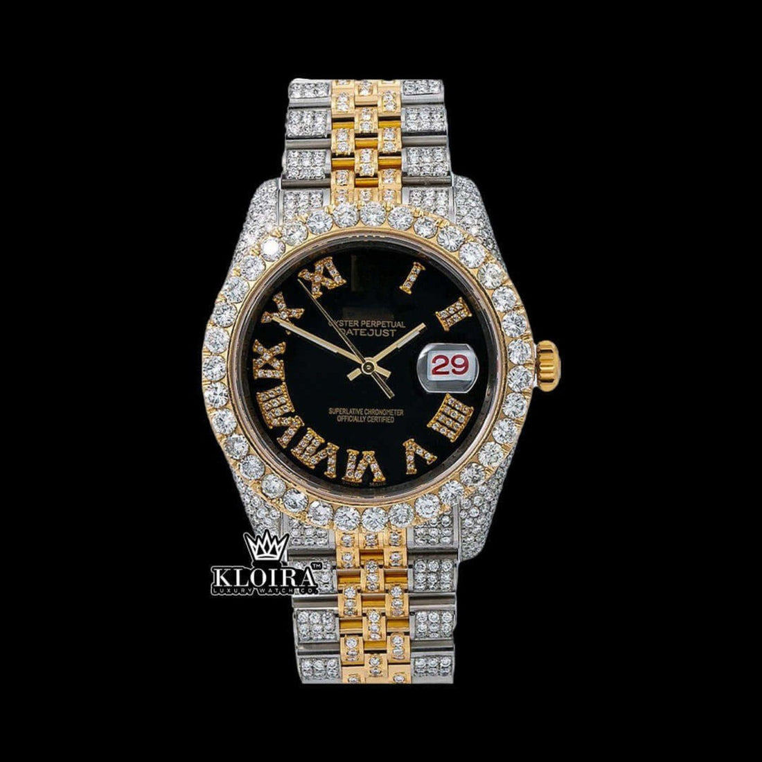 Black Face Gold Roman Numerals Two Tone Iced Out Moissanite Watch Front View
