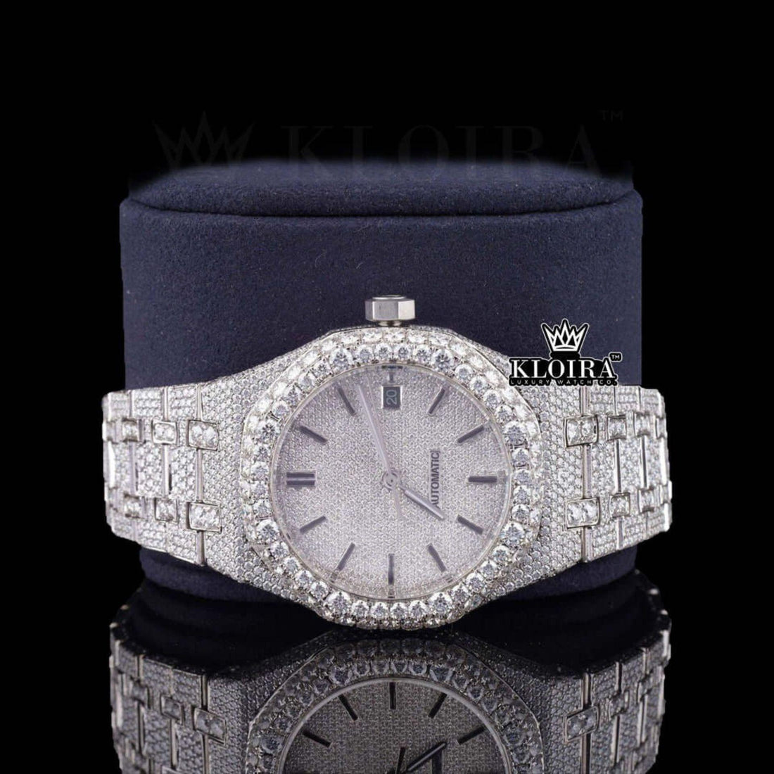 Black Hour Marker Dial AP Fully Iced Out White Gold Moissanite Watch Front View