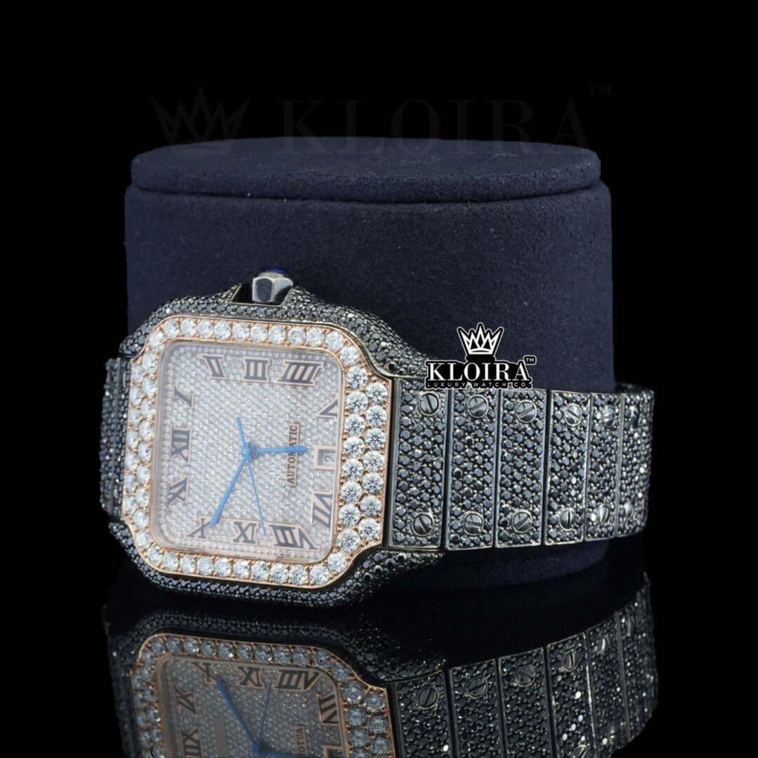 Black Iced Out Moissanite Diamond Roman Dial Luxury Watch Front View