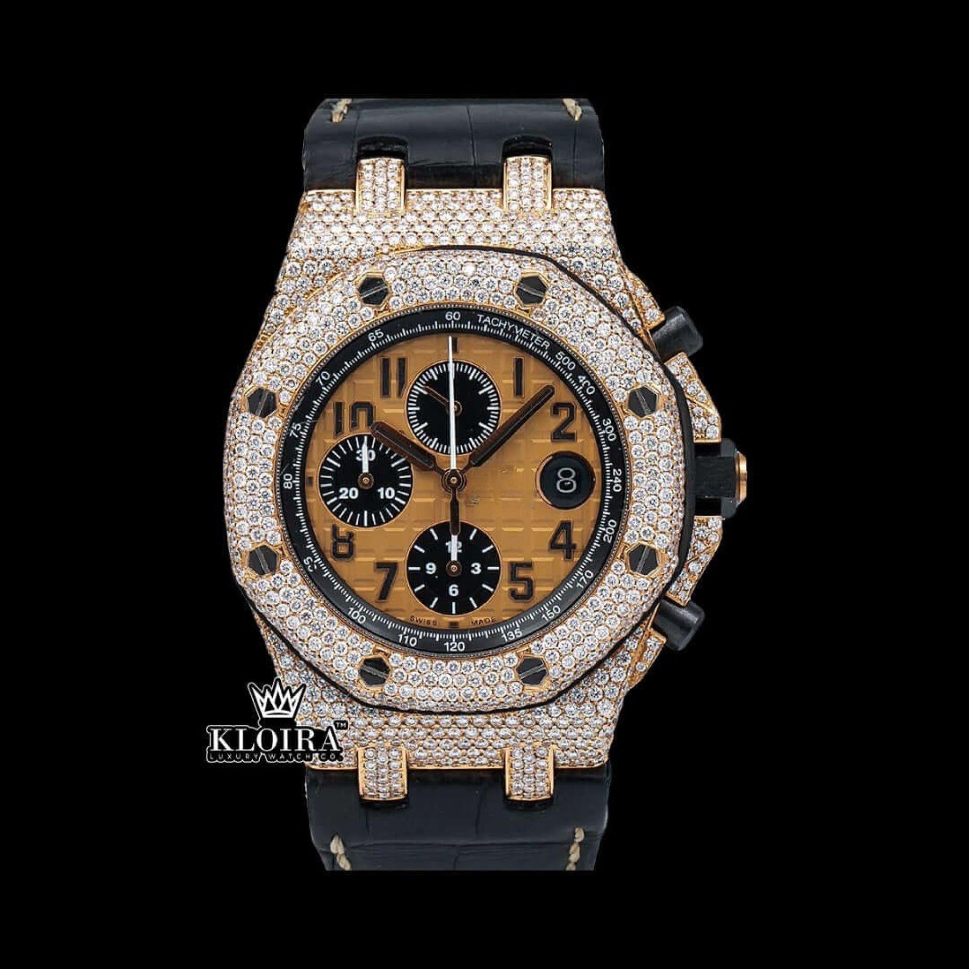 Black Leather Strap Chronograph Yellow Dial Moissanite Diamond Watch Front View