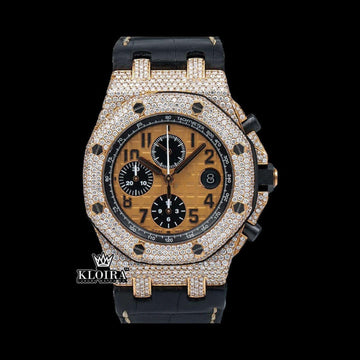 Black Leather Strap Chronograph Yellow Dial Moissanite Diamond Watch Front View