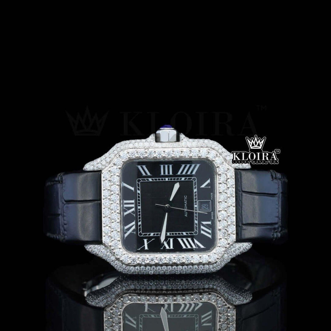 Black Leather Strap Roman Numerals Moissanite Diamond Watch Front View