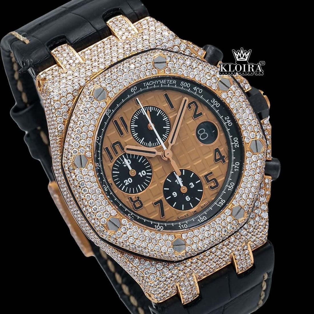 Black Leather Strap Watch Moissanite Diamond 14K Gold VVS 42mm Front View