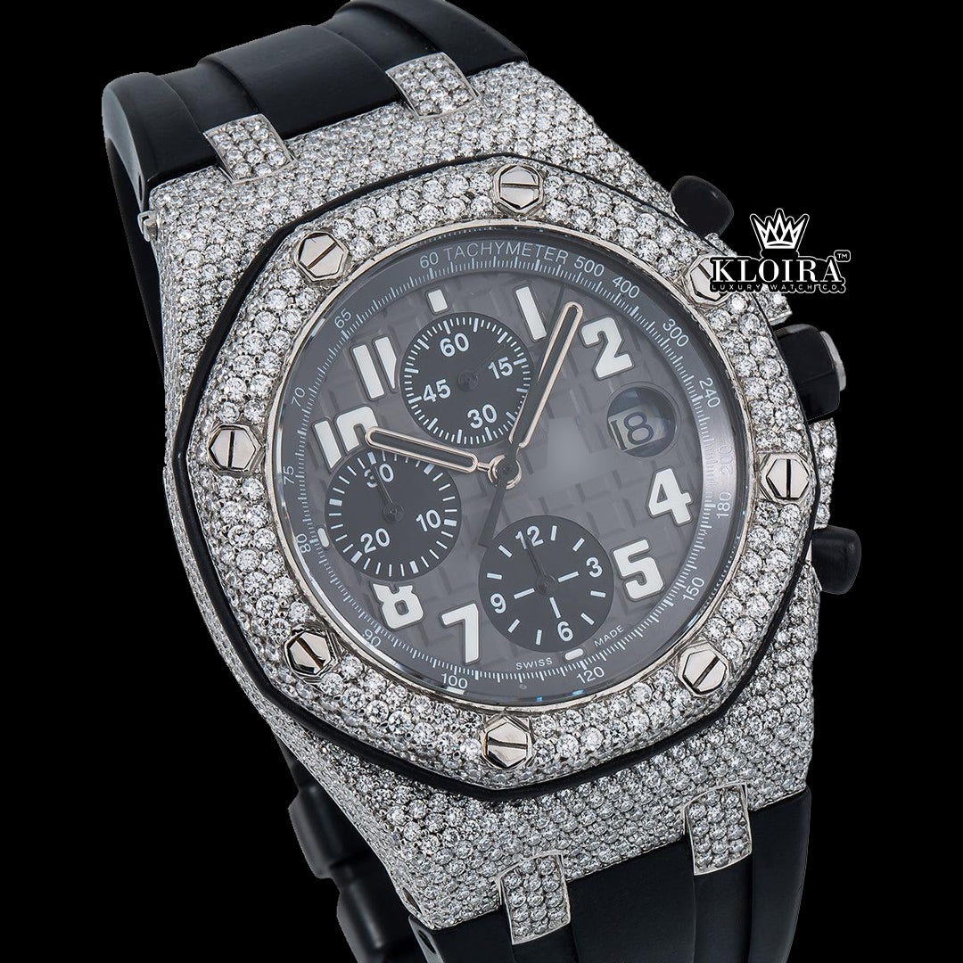 Best Moissanite AP Watch with full diamond bezel and black rubber strap showcased from the front
