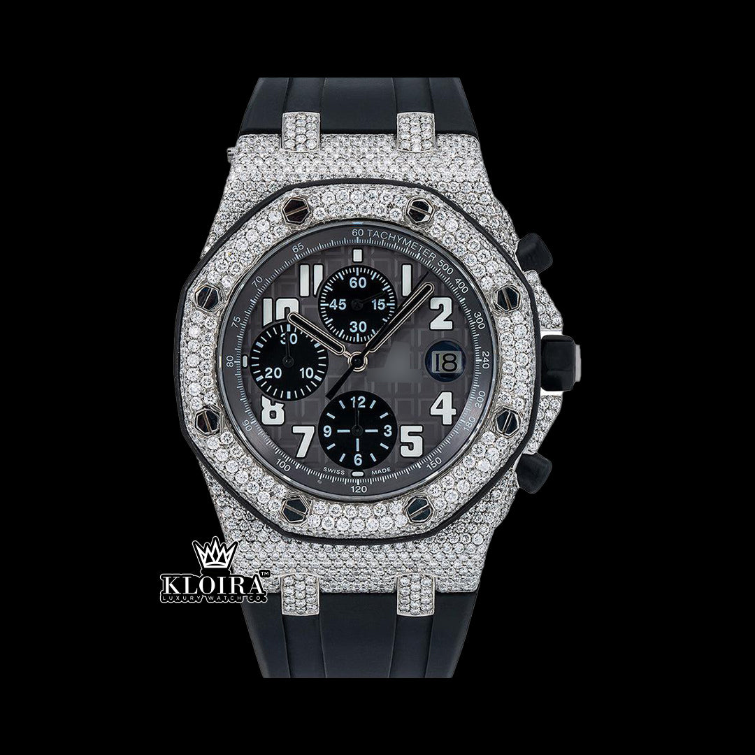 Best Moissanite AP Watch with full diamond bezel and black rubber strap showcased from the front