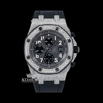 Best Moissanite AP Watch with full diamond bezel and black rubber strap showcased from the front