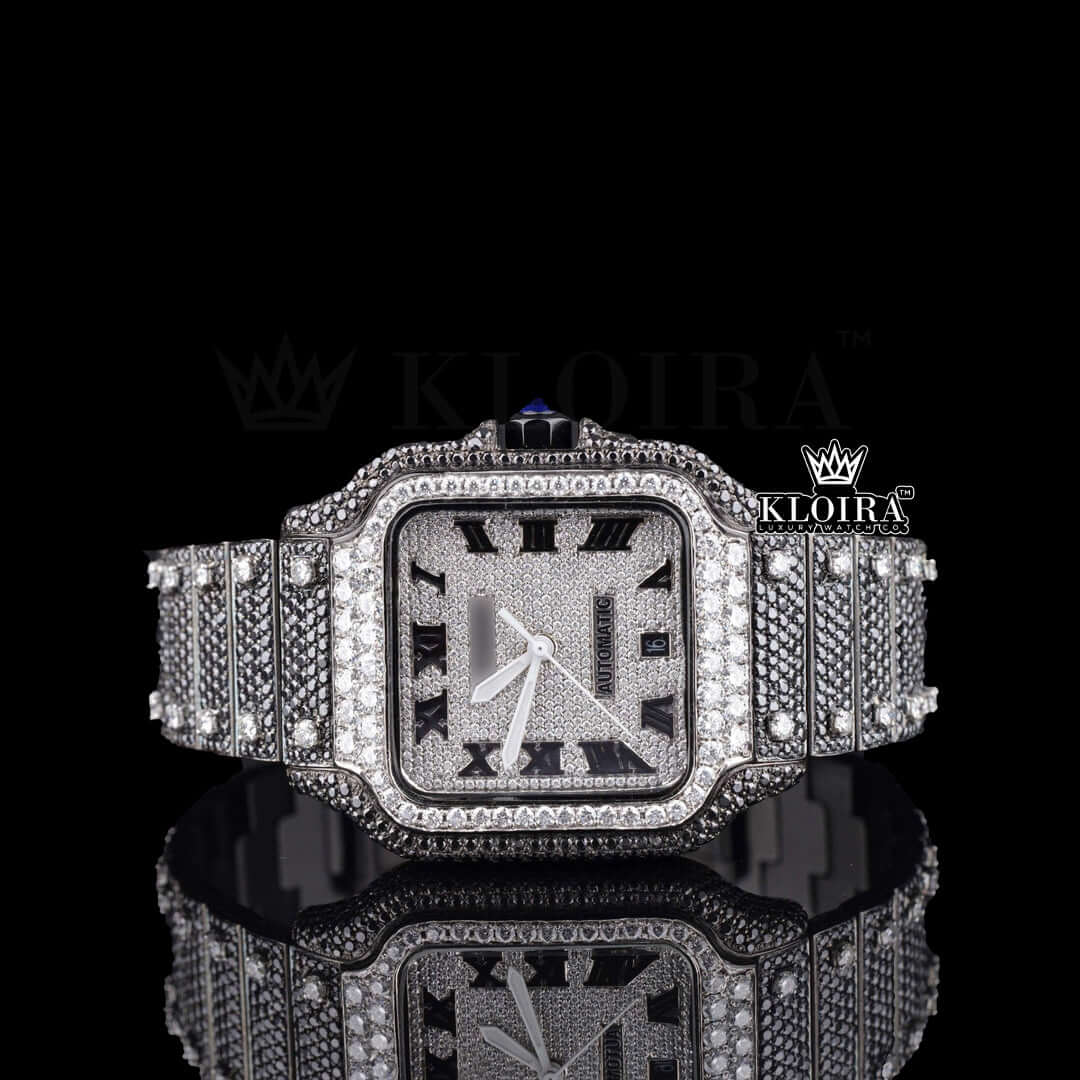 Front View Of Black Moissanite Cartier Watch