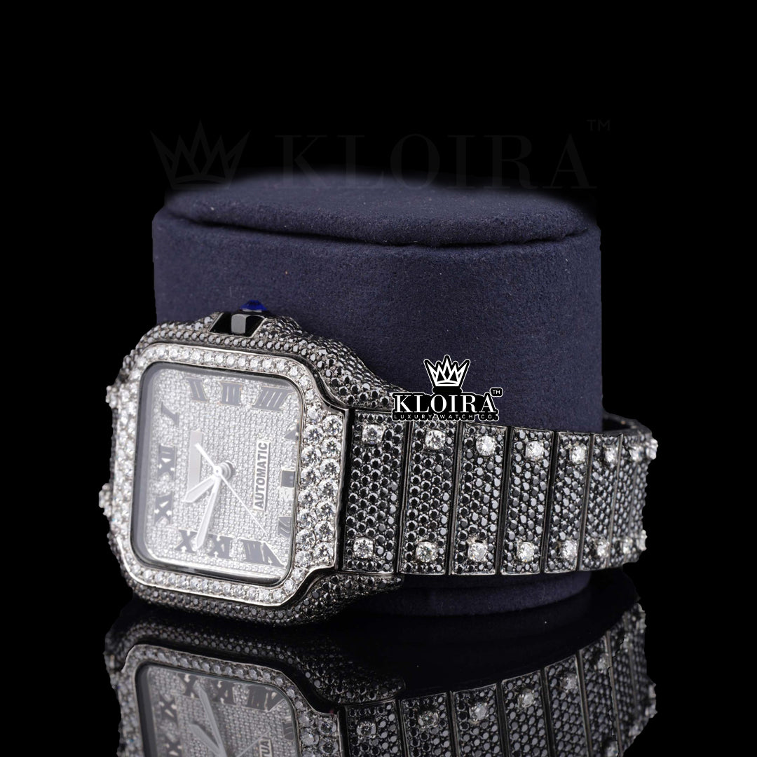 Front View Of Black Moissanite Cartier Watch
