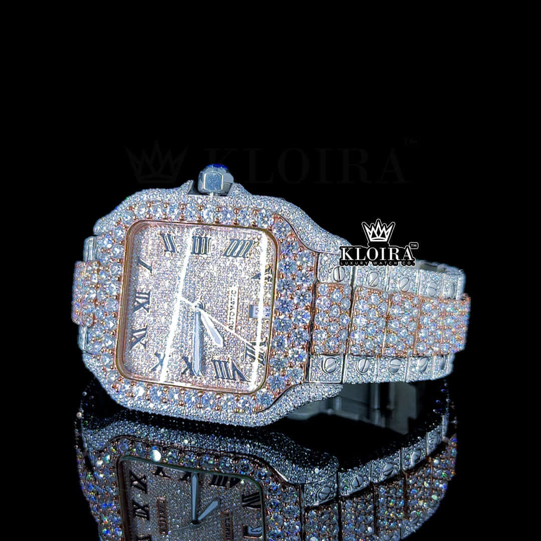 Black Roman Numerals Dial Two Tone Block Link Strap Moissanite Watch Front View