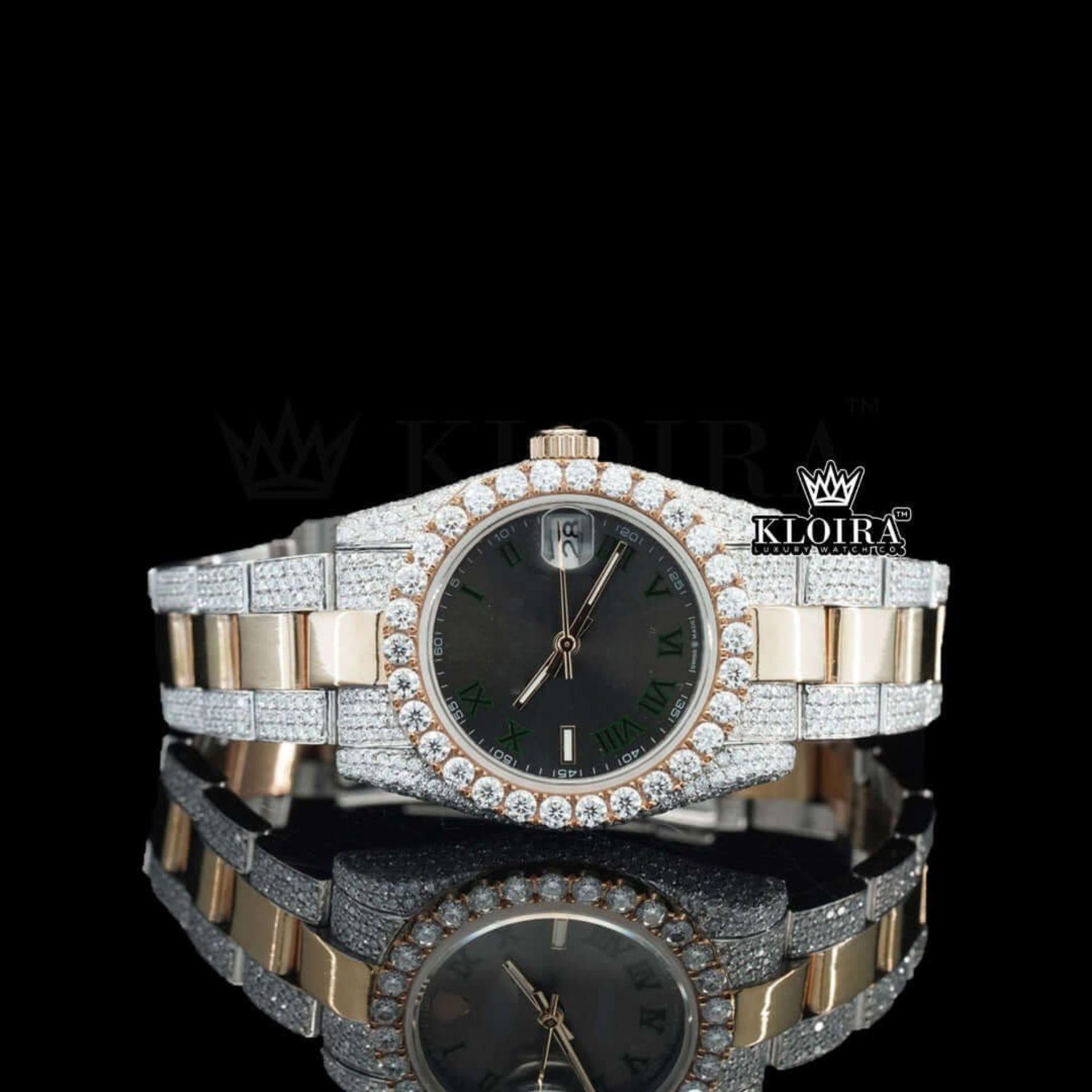 Black Roman Numerals Dial Two Tone Fully Iced Out Moissanite Watch Front View