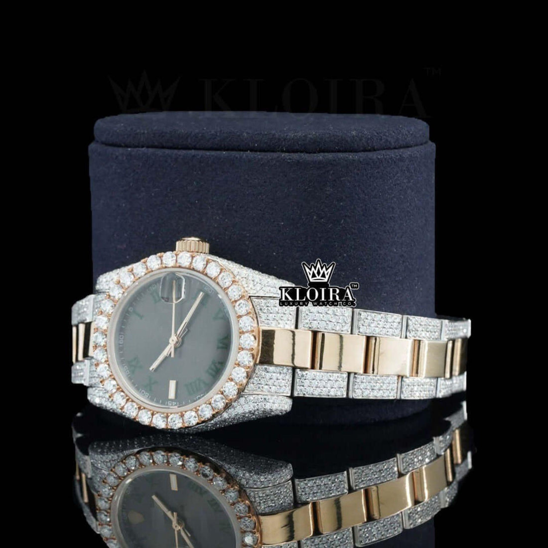 Black Roman Numerals Dial Two Tone Fully Iced Out Moissanite Watch Front View