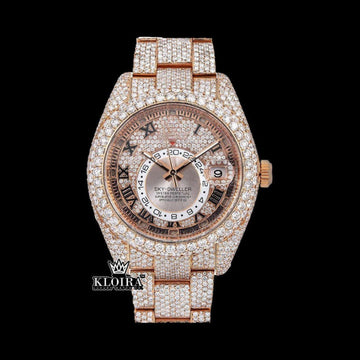 Black Roman Numerals Dual Time Dial Rose Gold Fully Iced Out Moissanite Watch Front View