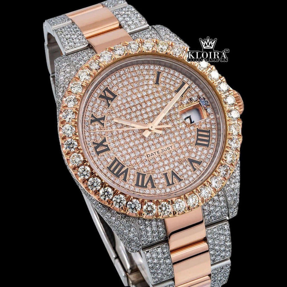 Black Roman Numerals Rose Gold Dial Two Tone Moissanite Diamond Watch Front View
