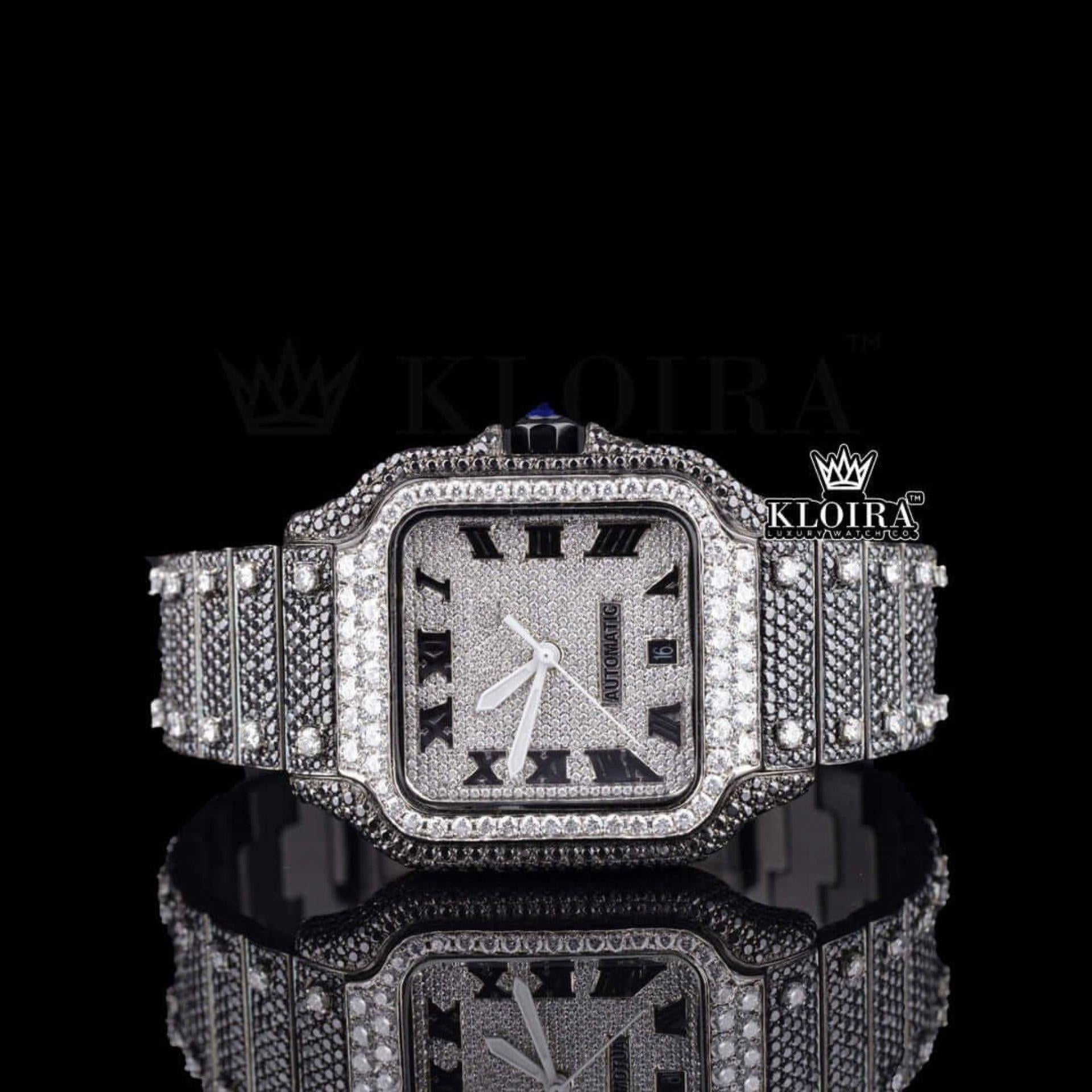 Black Roman Numerals White Dial Black Iced Moissanite Diamond Watch Front View