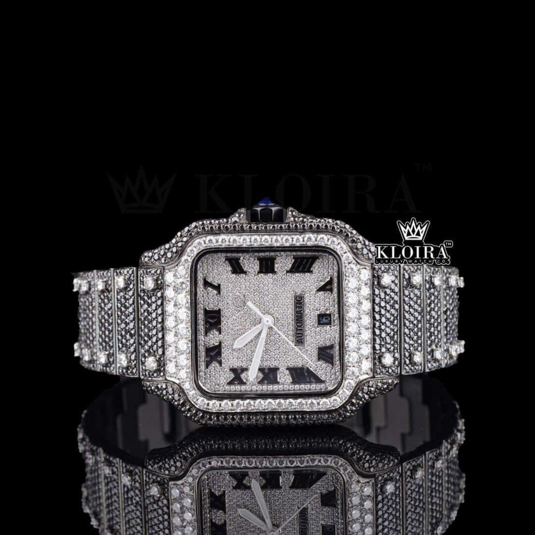 Black Roman Numerals White Dial Black Iced Moissanite Diamond Watch Front View