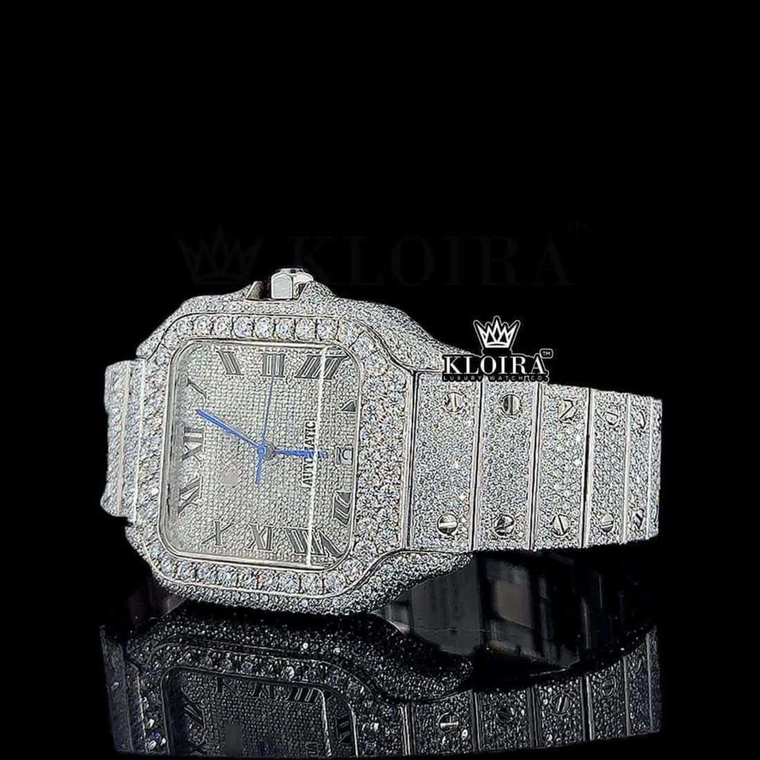 Black Roman Numerals White Dial Full Iced Out Moissanite Watch Front View