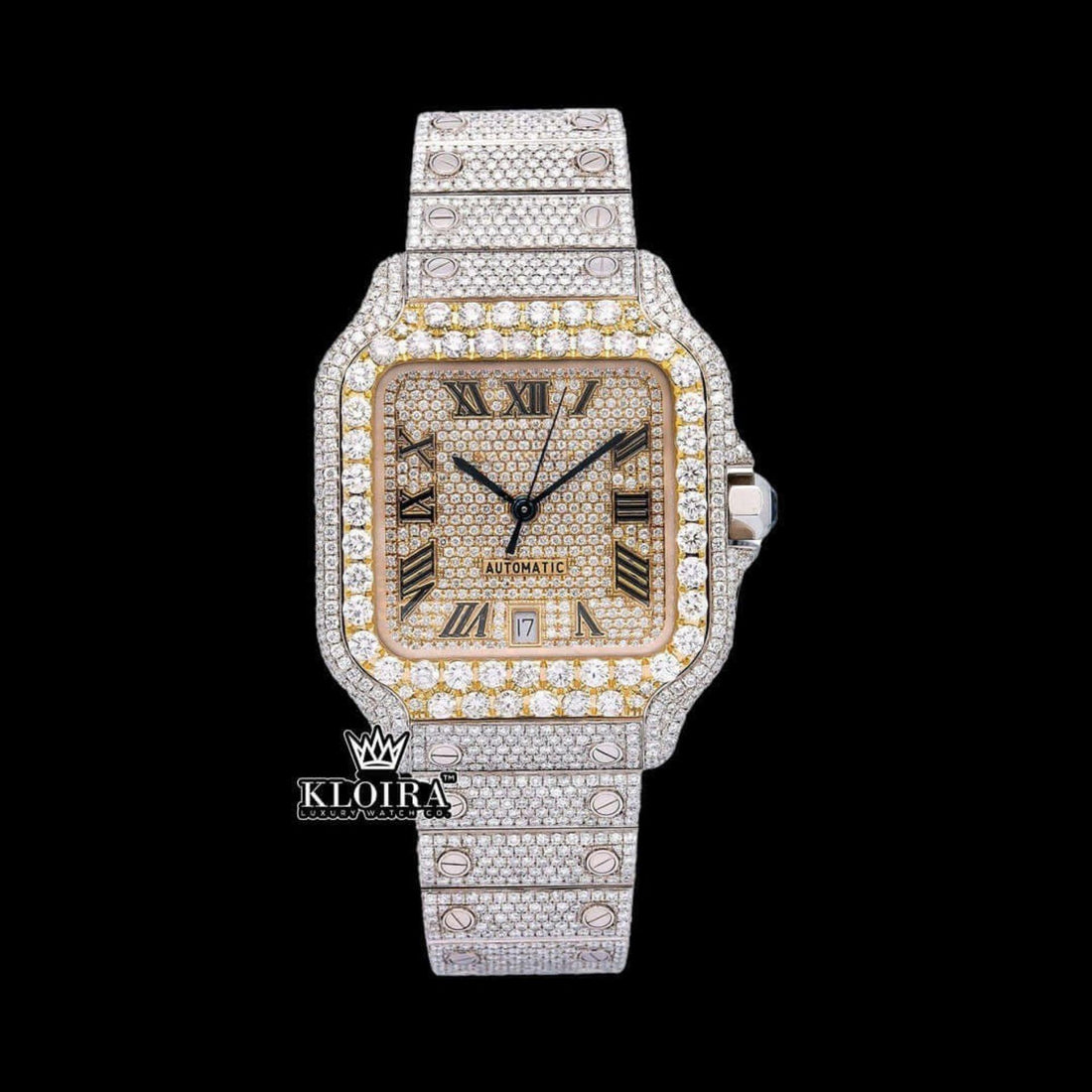 Black Roman Numerals Yellow Dial Two Tone Moissanite Watch Front View