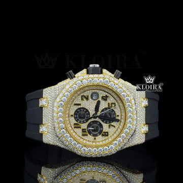 Black Rubber Strap AP Iced Out Yellow Dial Moissanite Diamond Watch Front View
