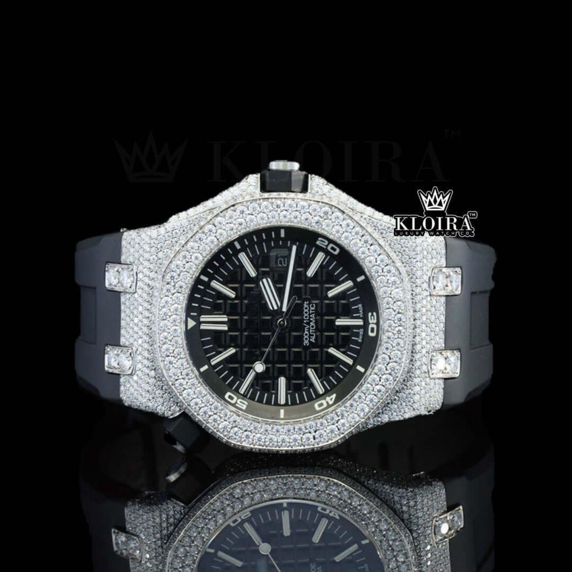 Black Rubber Strap Black Dial AP Inspired Iced Out Moissanite Diamond Watch Front View