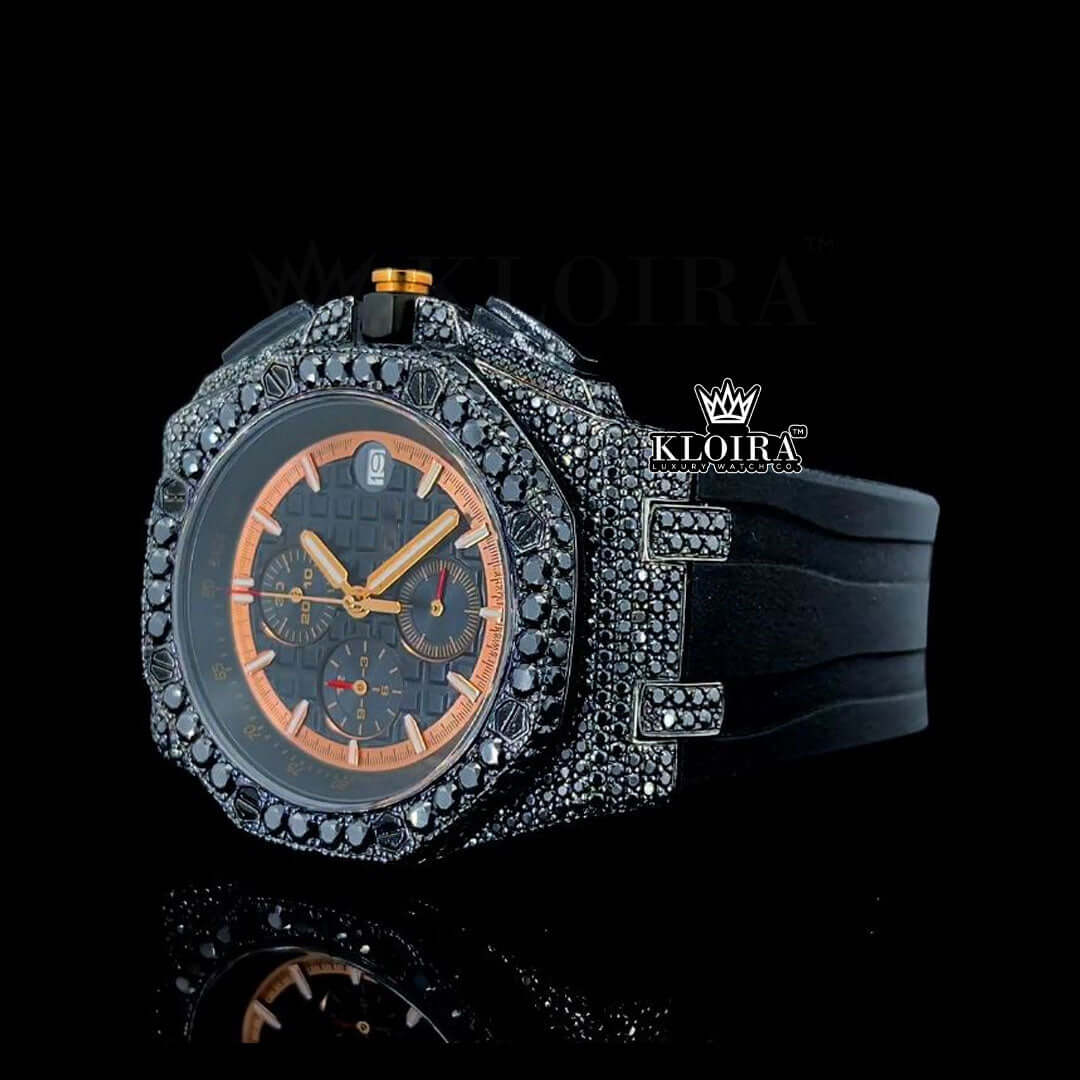 Black Rubber Strap Chronograph Dial Semi Iced Out Moissanite Watch Front View