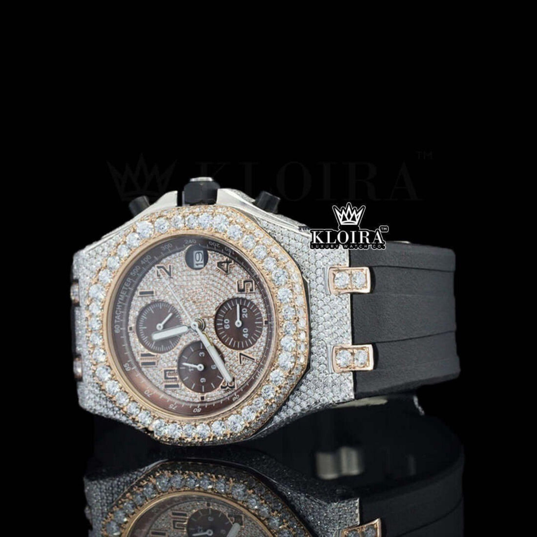 Black Rubber Strap Chronograph Semi Iced Out Moissanite Diamond Watch Front View