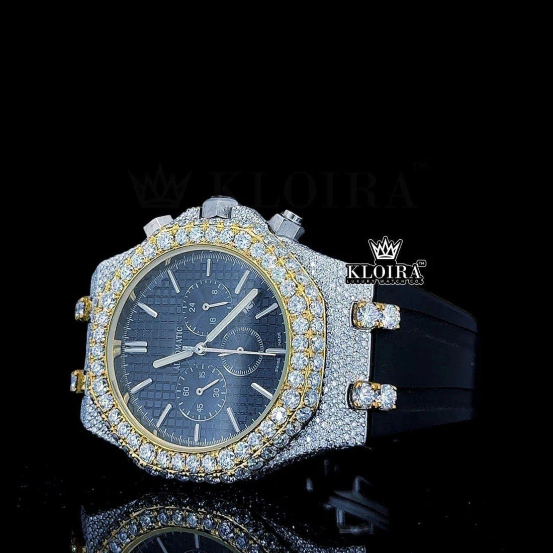 Black Rubber Strap Iced Out Chronograph Dial Moissanite Diamond Watch Front View