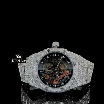 Black Skeleton Dial Fully Iced Out Moissanite Diamond Watch Front View