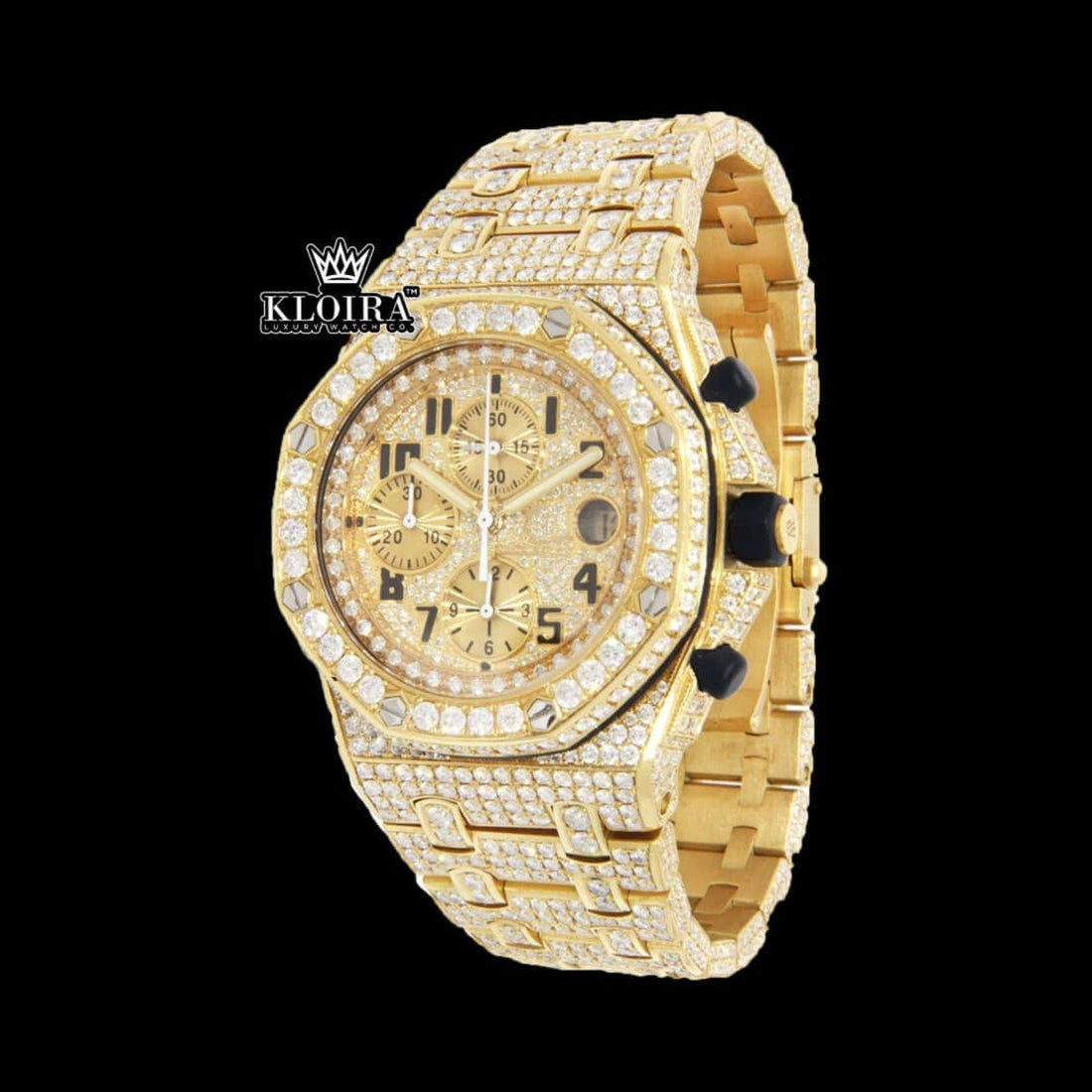 Black Standard Numerals Chronograph Yellow Gold Iced Out Moissanite Watch Front View