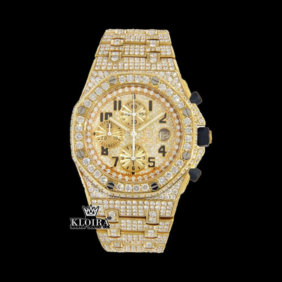 Black Standard Numerals Chronograph Yellow Gold Iced Out Moissanite Watch Front View