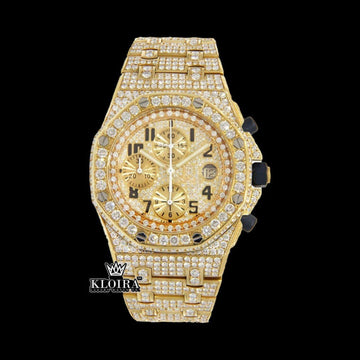 Black Standard Numerals Chronograph Yellow Gold Iced Out Moissanite Watch Front View