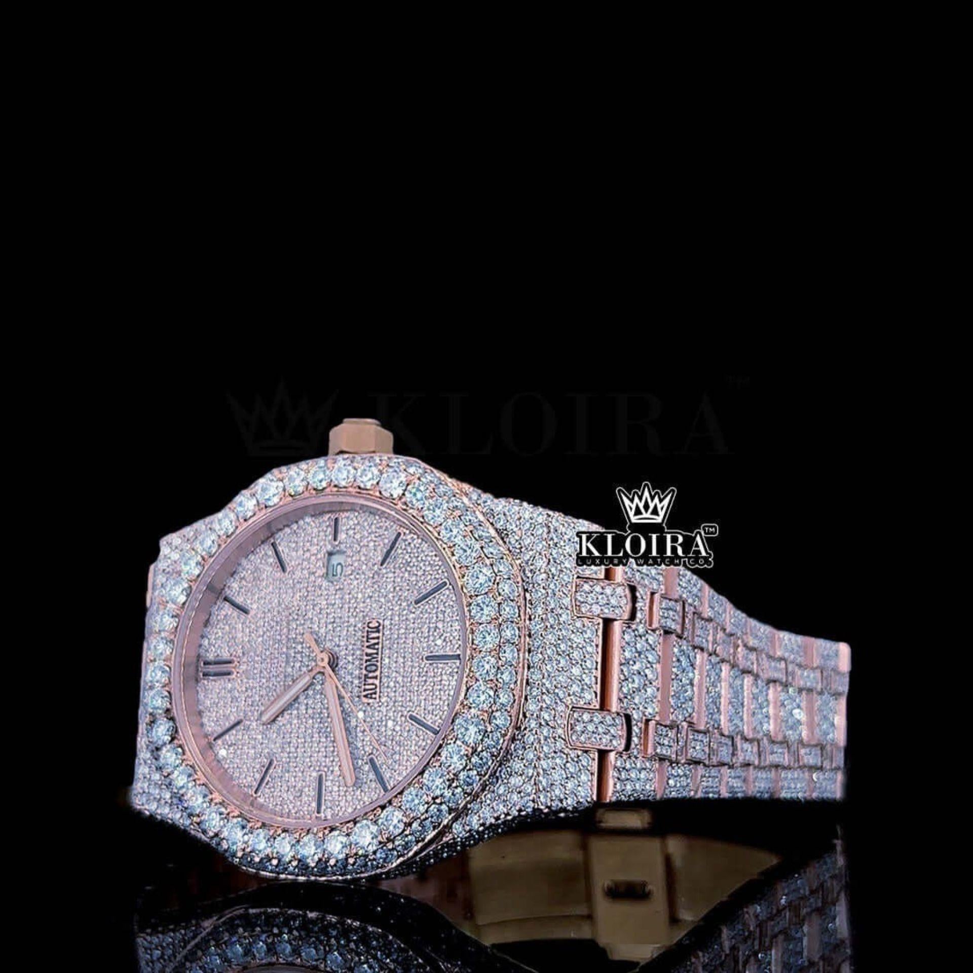 Black Stick Markers Dial Rose Gold Fully Iced Out Natural Diamond Watch Front View