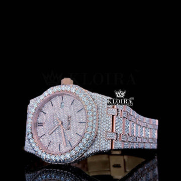 Black Stick Markers Dial Rose Gold Fully Iced Out Natural Diamond Watch Front View