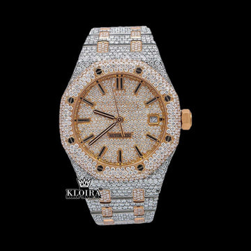 Black Stick Markers Dial Two Tone Rose Gold Block Link Strap Moissanite Watch Front View