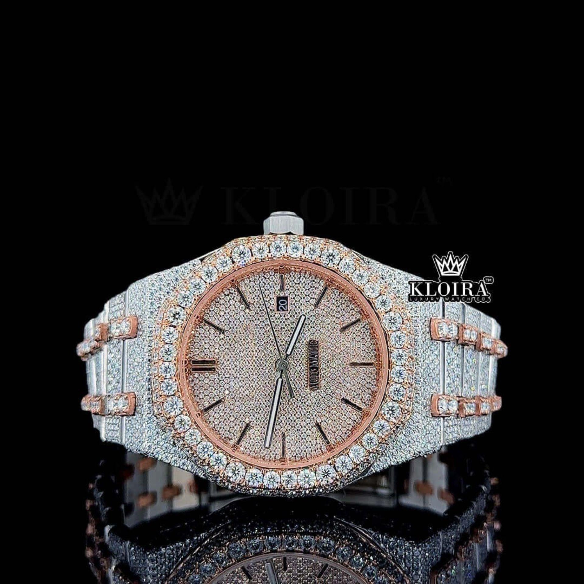 Black Stick Markers Dial Two Tone Rose Gold Iecd Out Natural Diamond Watch Front View