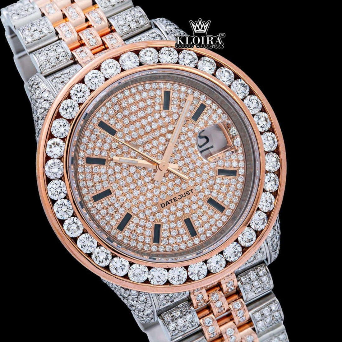 Black Stick Markers Dial Two Tone Rose Gold Moissanite Watch Front View