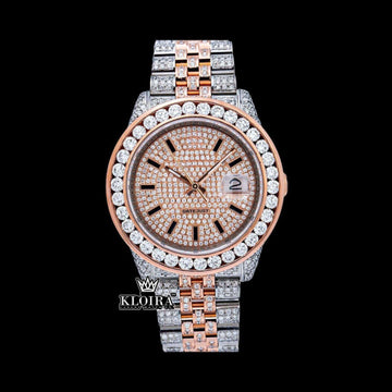 Black Stick Markers Dial Two Tone Rose Gold Moissanite Watch Front View