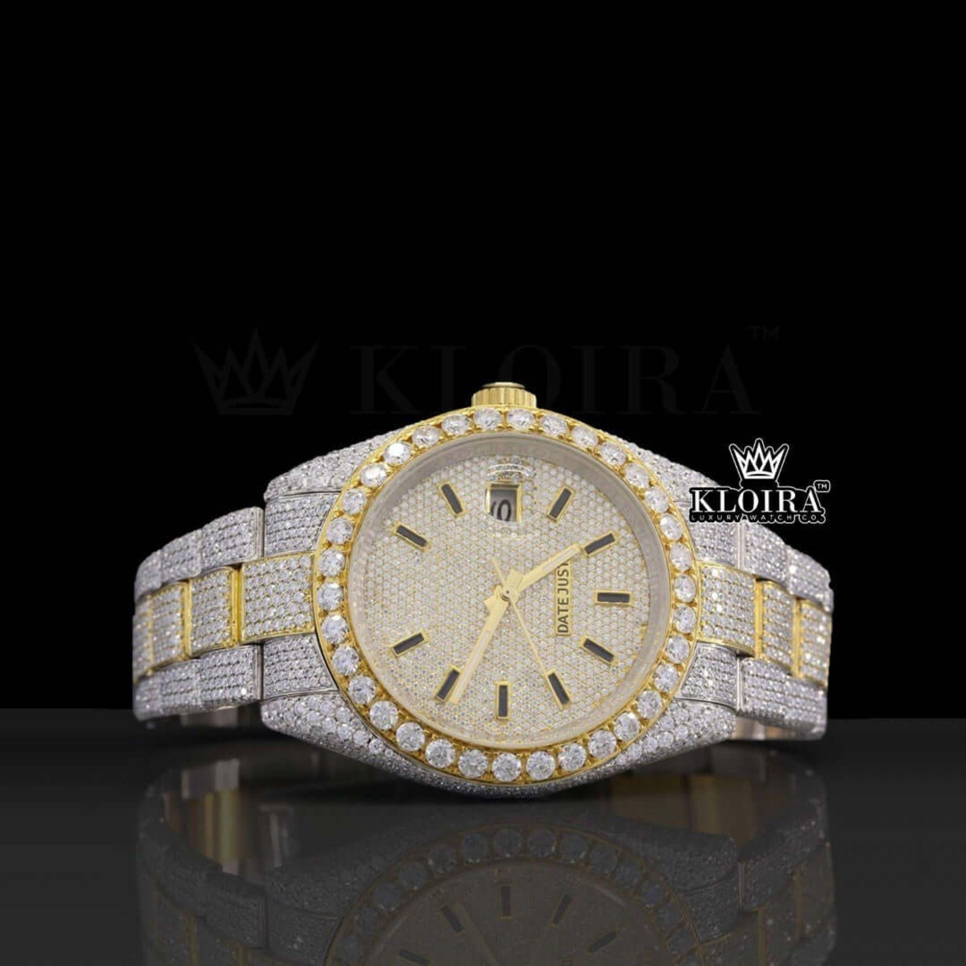 Black Stick Markers Dial Two Tone Yellow Gold Natural Diamond Watch Front View