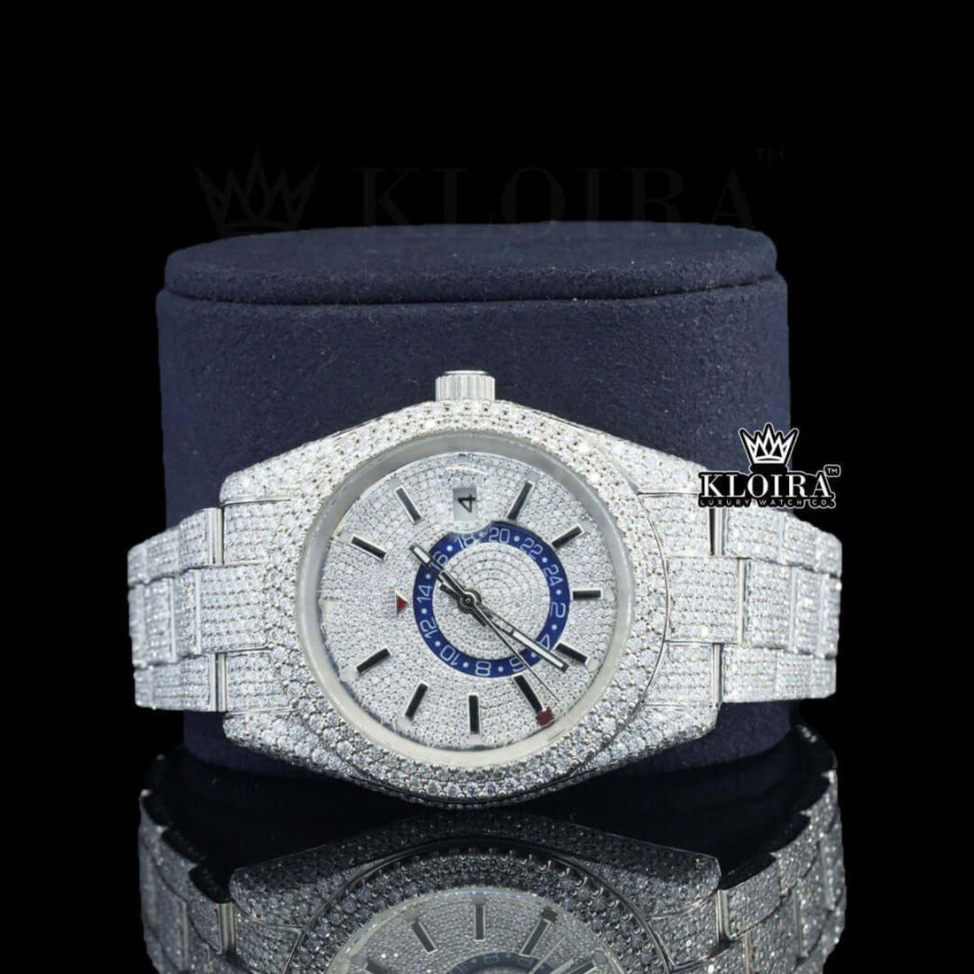 Black Stick Markers Dual Time Dial Fully Iced Out Moissanite Watch Front View