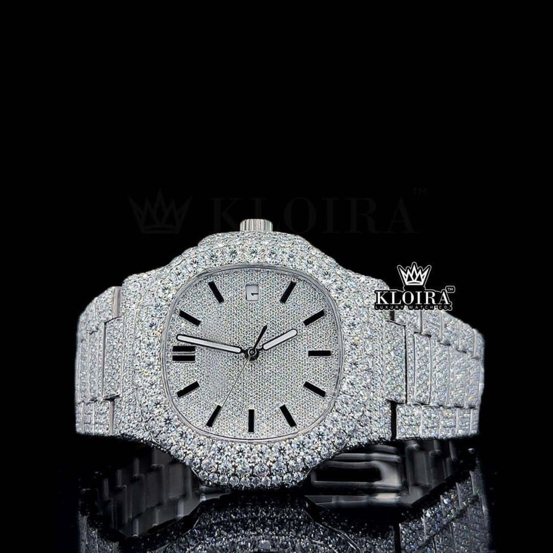 Black Stick Markers White Dial Fully Iced Moissanite Diamond Watch Front View