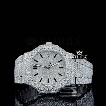Black Stick Markers White Dial Fully Iced Moissanite Diamond Watch Front View