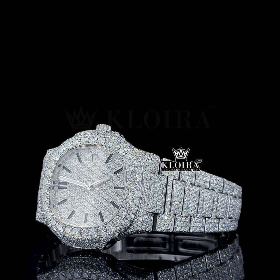 Black Stick Markers White Dial Fully Iced Moissanite Diamond Watch Front View