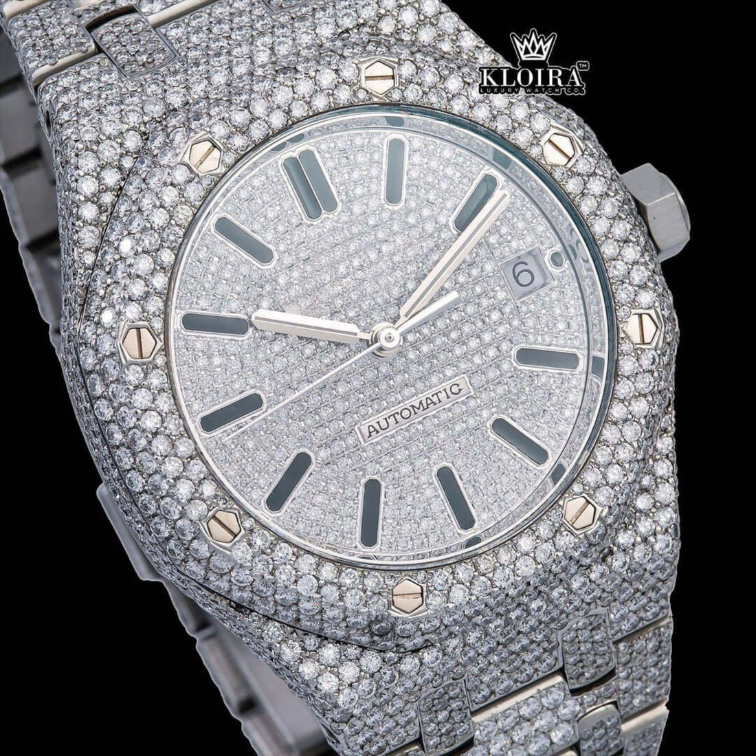 Black Stick Markers White Dial Fully Iced Out Moissanite Diamond Watch Front View