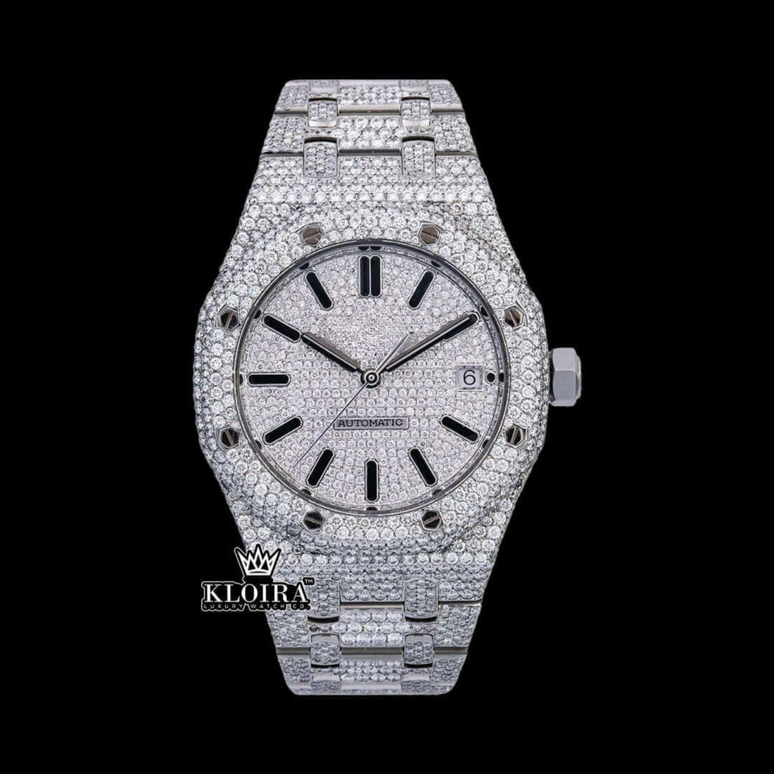 Black Stick Markers White Dial Fully Iced Out Moissanite Diamond Watch Front View